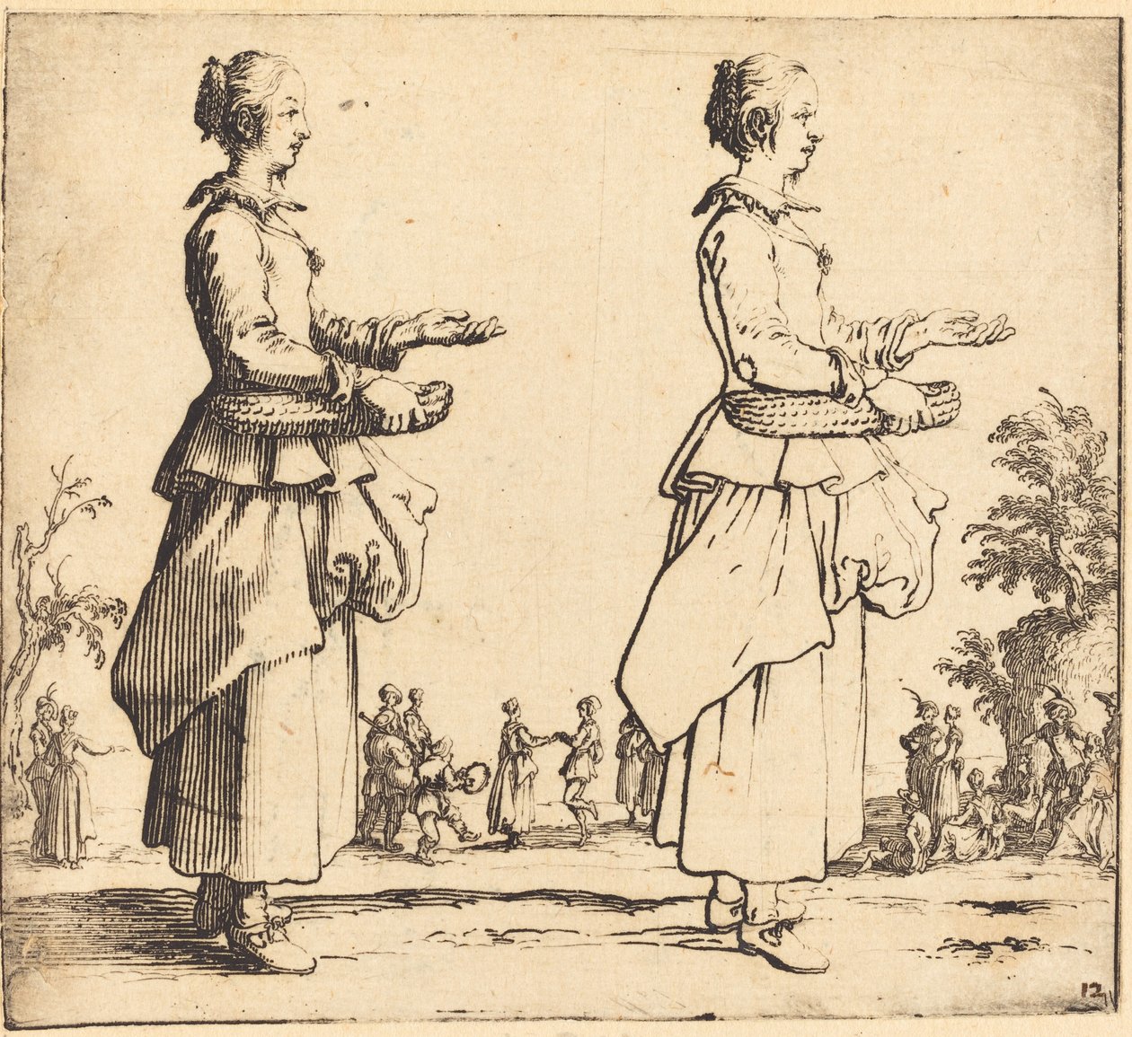 Femme paysanne avec panier, de profil, face à droite - Jacques Callot