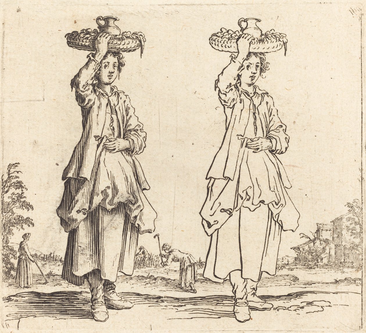 Paysanne avec panier sur la tête, vue de face - Jacques Callot