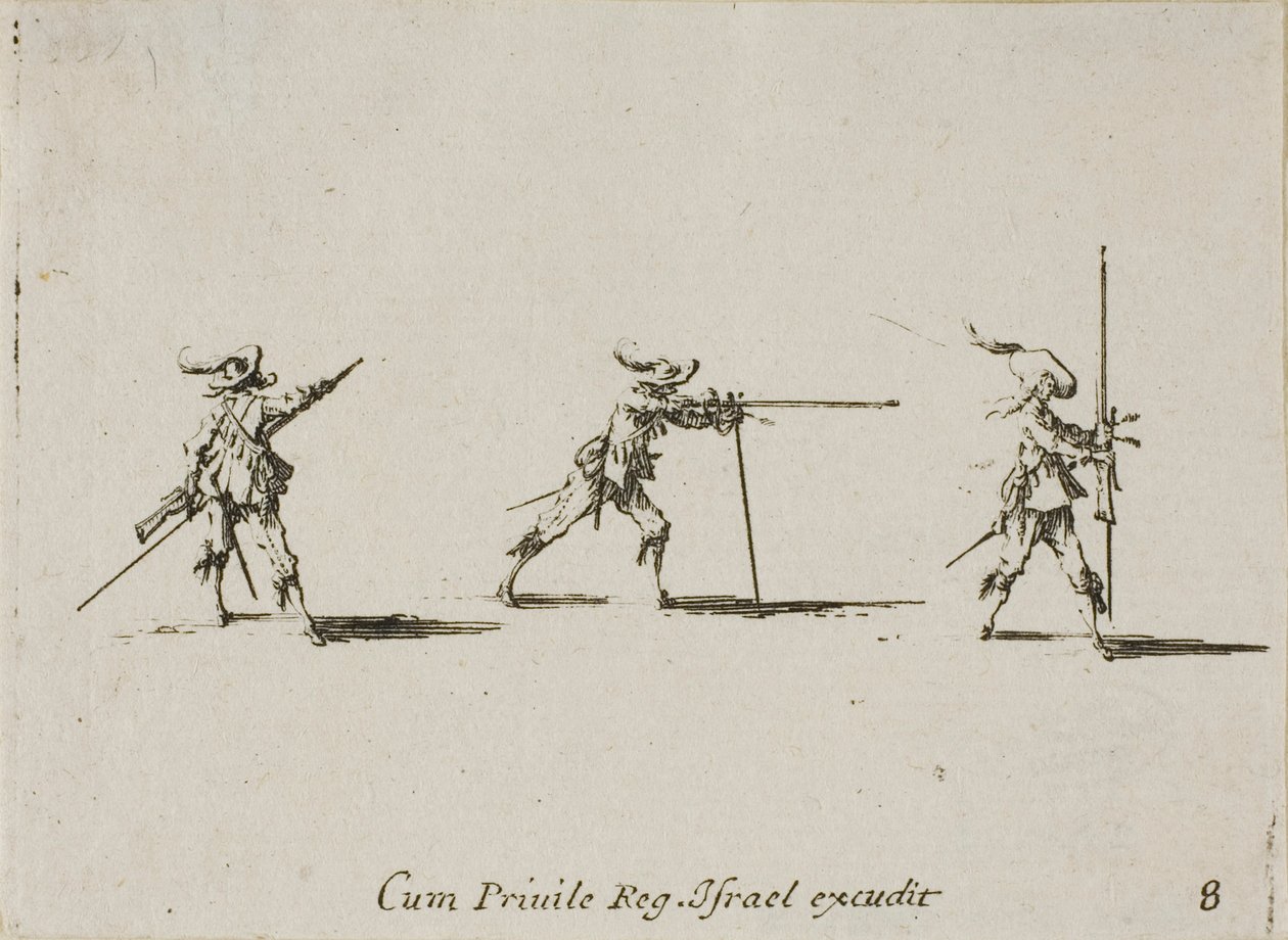 Prise de position de tir avec le mousquet, planche huit des Exercices militaires - Jacques Callot
