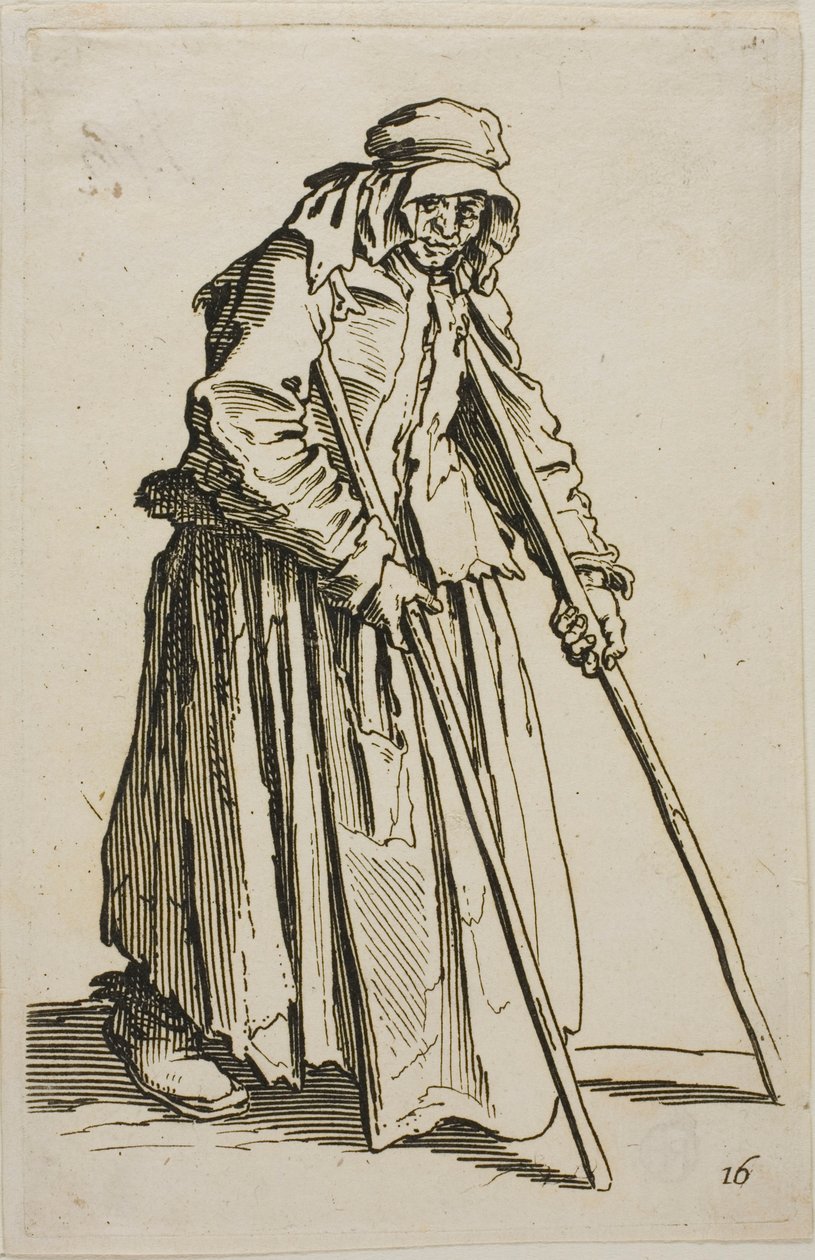 Le mendiant aux béquilles et son porte-monnaie de mendiant, dixième planche des Mendiants - Jacques Callot