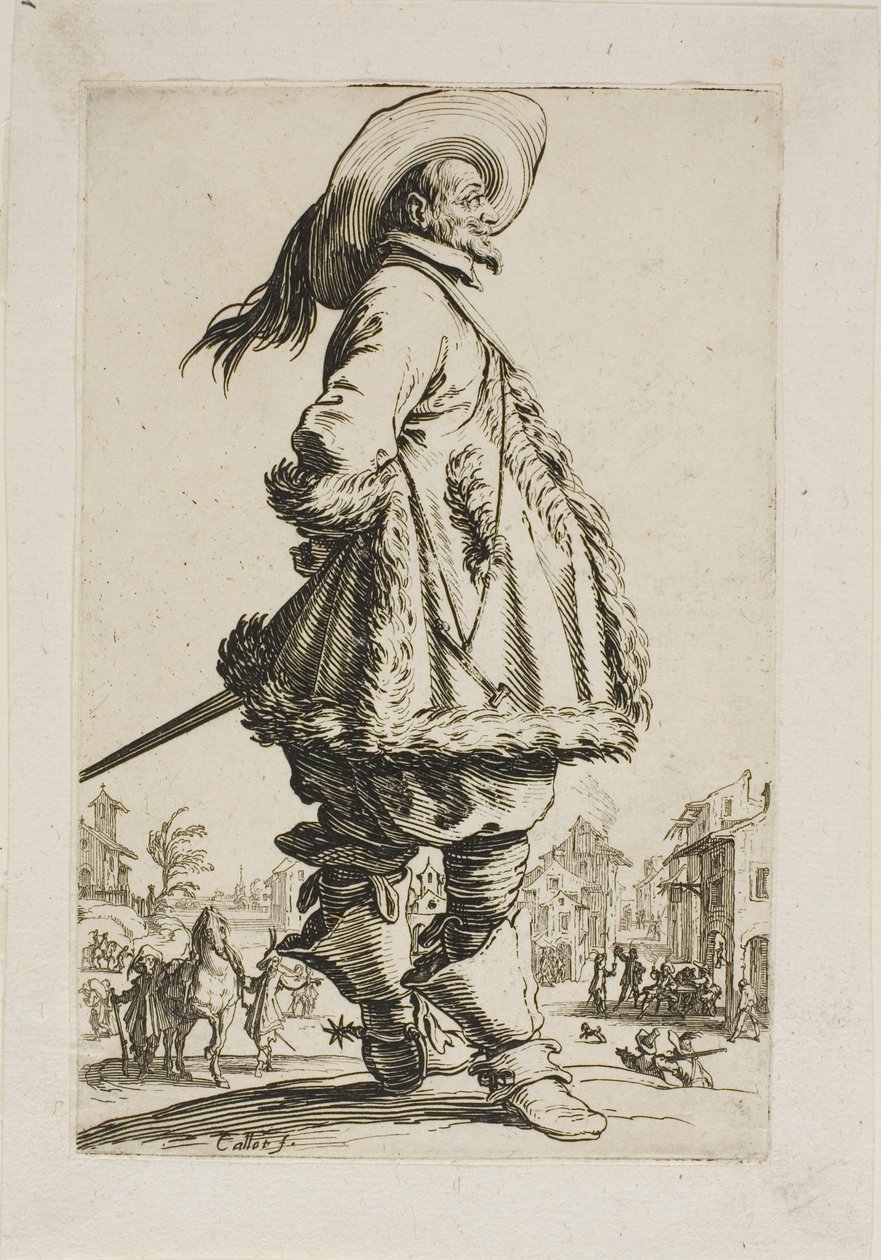 Le gentilhomme en manteau bordé de fourrure, tenant ses mains derrière son dos, planche sept de La Noblesse - Jacques Callot