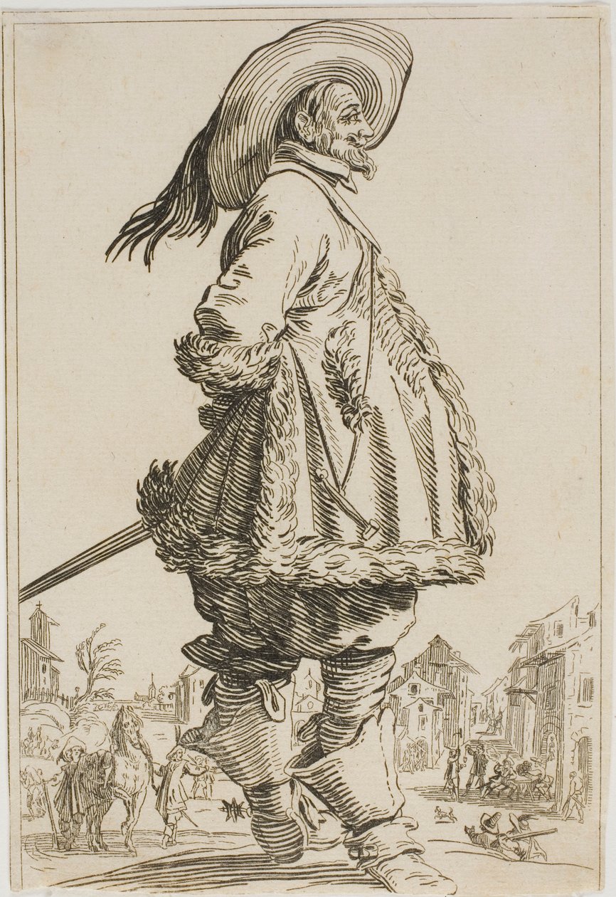 Le gentilhomme en manteau bordé de fourrure avec les mains derrière le dos, de la série La Noblesse de Lorraine - Jacques Callot