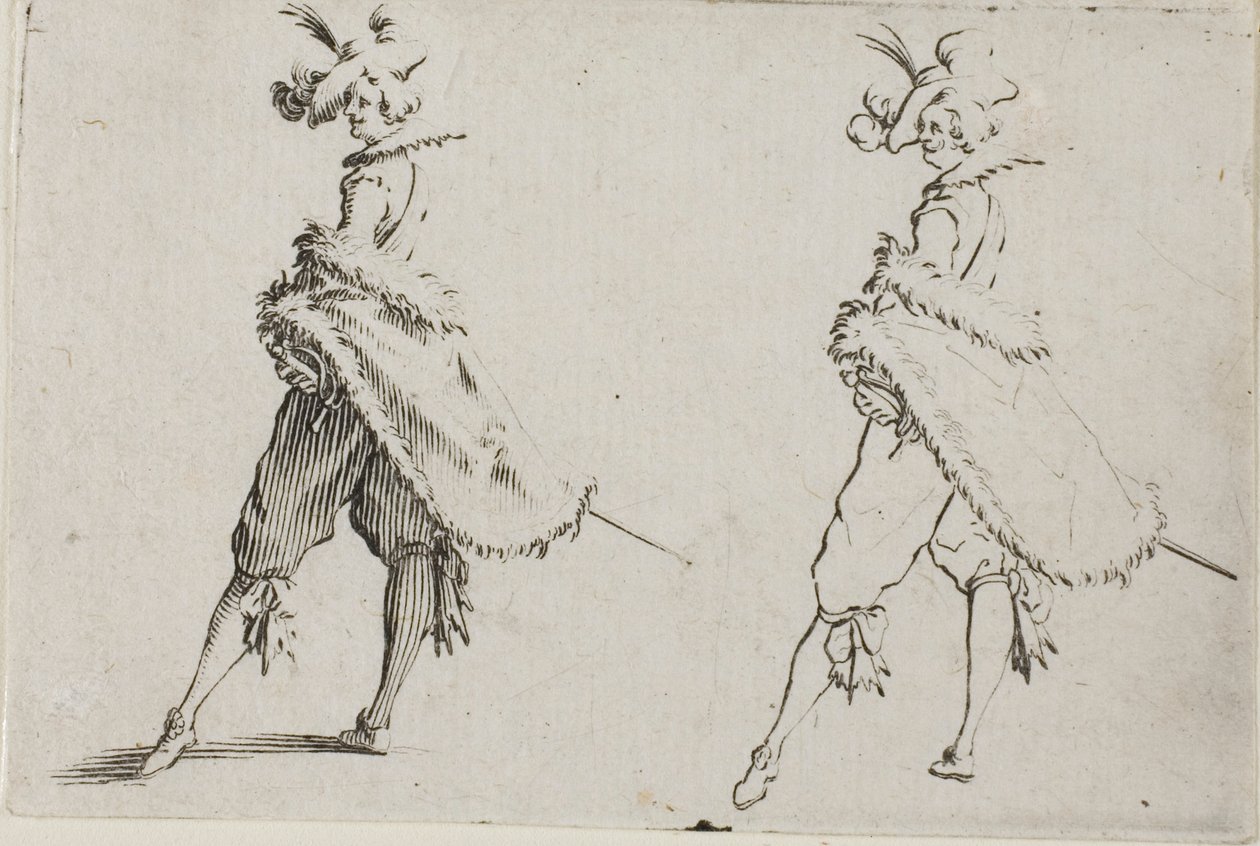 Le Gentilhomme avec un manteau, posant les mains sur les hanches, de Les Caprices - Jacques Callot