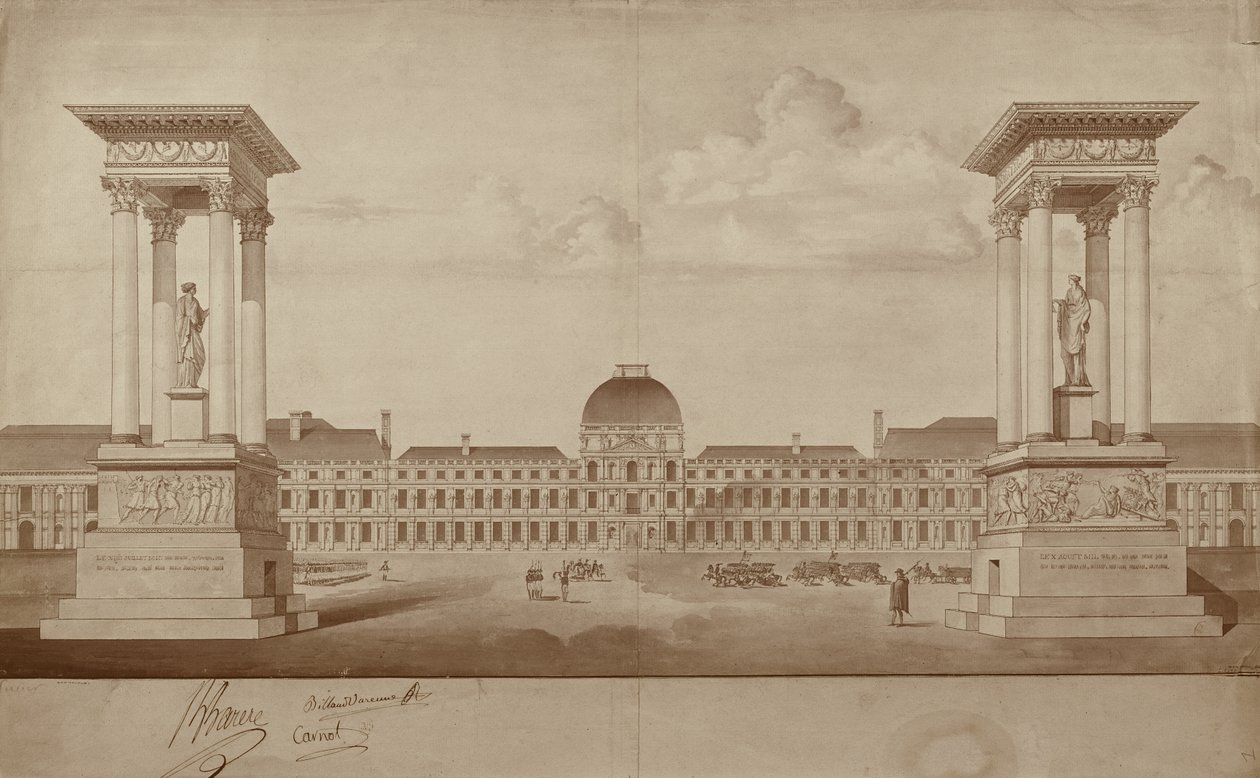 Plan pour les monuments commémorant le 14 juillet et le 10 août, à placer à la Place du Carrousel (plume et encre sur papier) - Jacques Delannoy