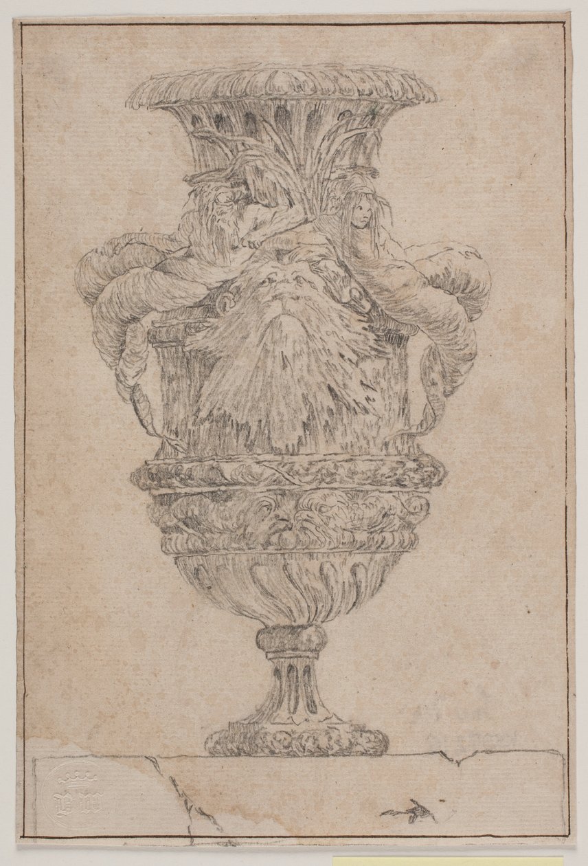 Vase ornemental avec grande tête, dieu de la mer et nymphe aquatique. Copie d