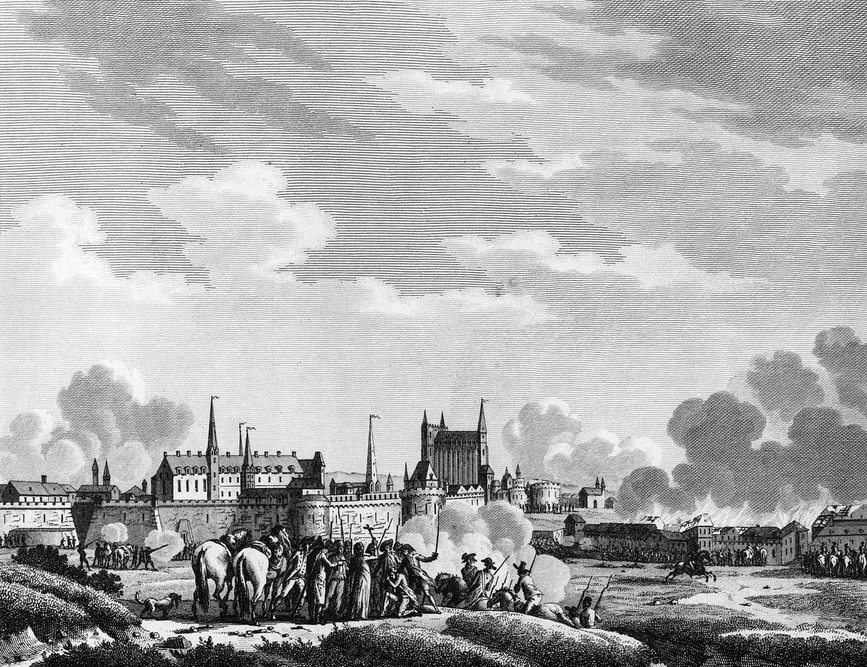 Révolution française : Attaque de Nantes par les Vendéens le 29 juin 1793. Gravure par Berthaut d