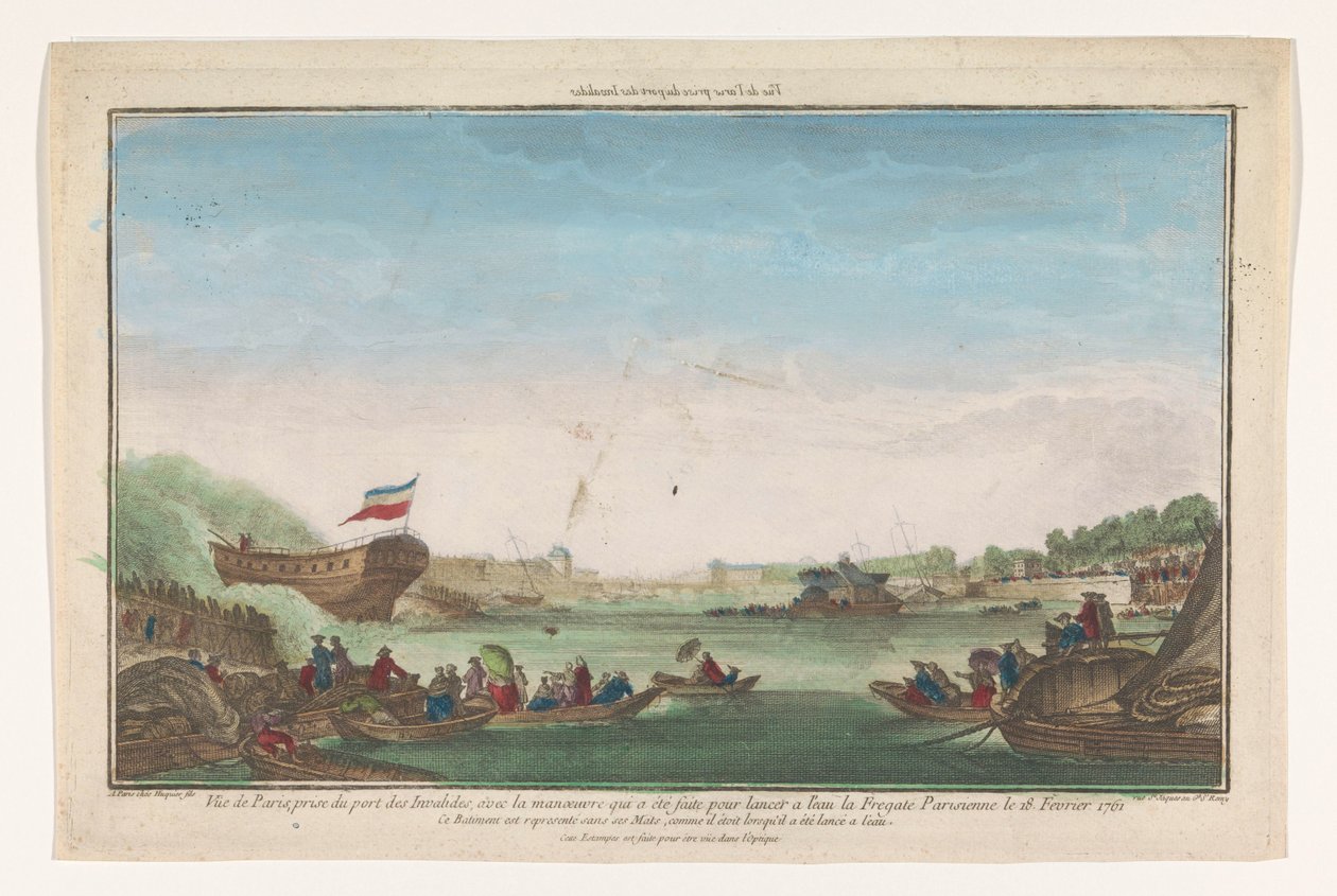 Vue du Port des Invalides à Paris avec le lancement de la frégate parisienne le 18 février 1761 - Jacques Gabriel Huquier