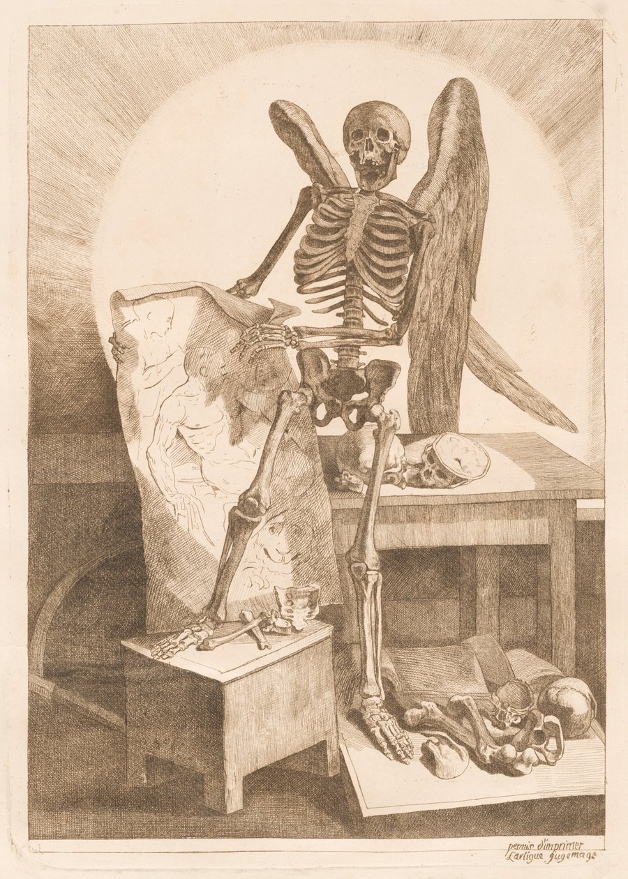 Un squelette ailé tenant un dessin anatomique - Jacques Gamelin