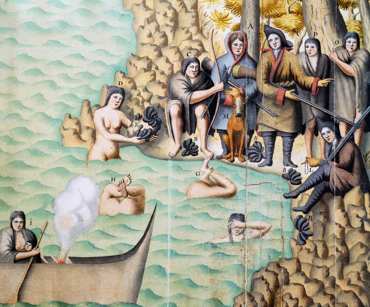 Femmes indigènes attrapant des coquillages dans le détroit de Magellan, aquarelle de Duplessis réalisée lors du voyage de Jacques Gouin de Beauchesne (1652-1730) en Patagonie entre 1698 et 1701, Argentine - Jacques Gouin de Beauchesne