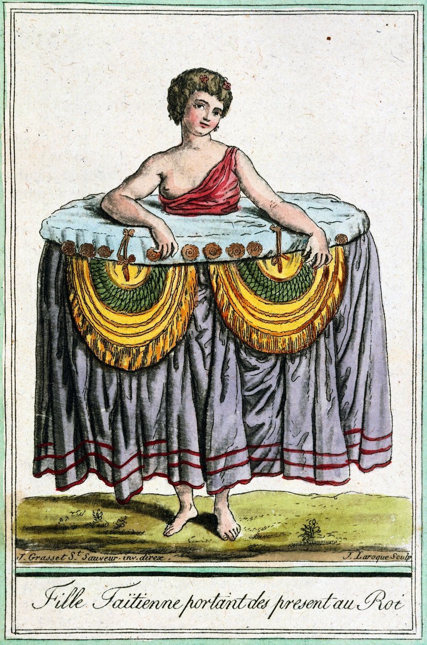 Jeune femme offrant des cadeaux au roi, Tahiti, Îles de la Société, gravure tirée de l