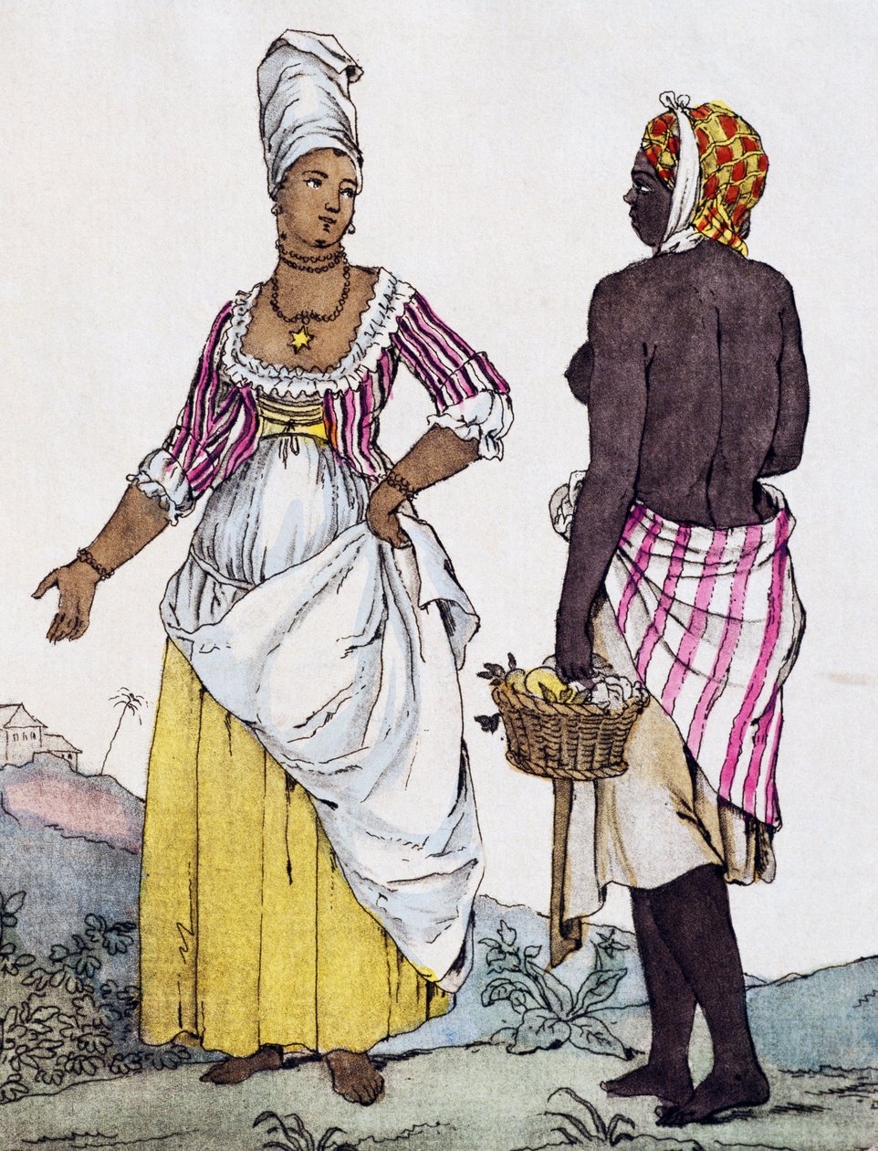 Femme noire et femme mulâtre de Saint-Domingue, gravure en couleur d