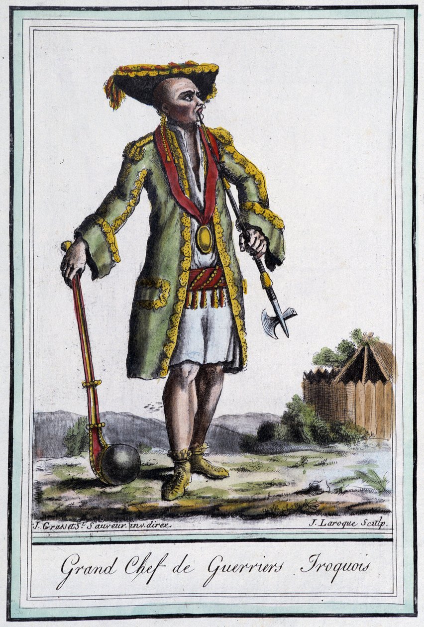 Grand Chef des Guerriers Iroquois - dans "Encyclopedia of Travels" de Grasset St Sauveur, Paris - Jacques Grasset de Saint Sauveur
