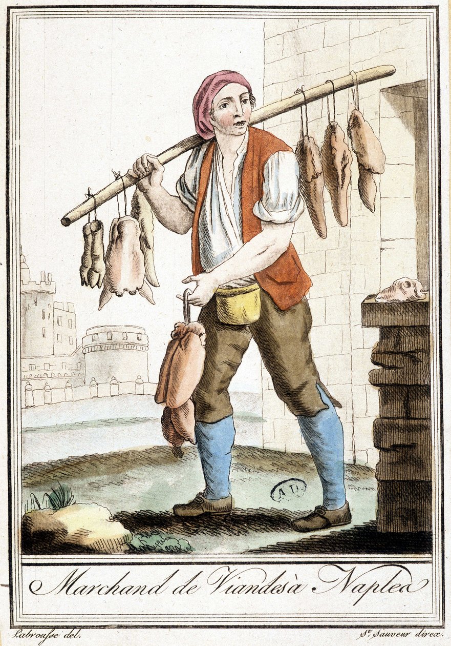 Marchand de viande à Naples - dans « Encyclopédie des voyages » par Grasset St Sauveur, Paris - Jacques Grasset de Saint Sauveur