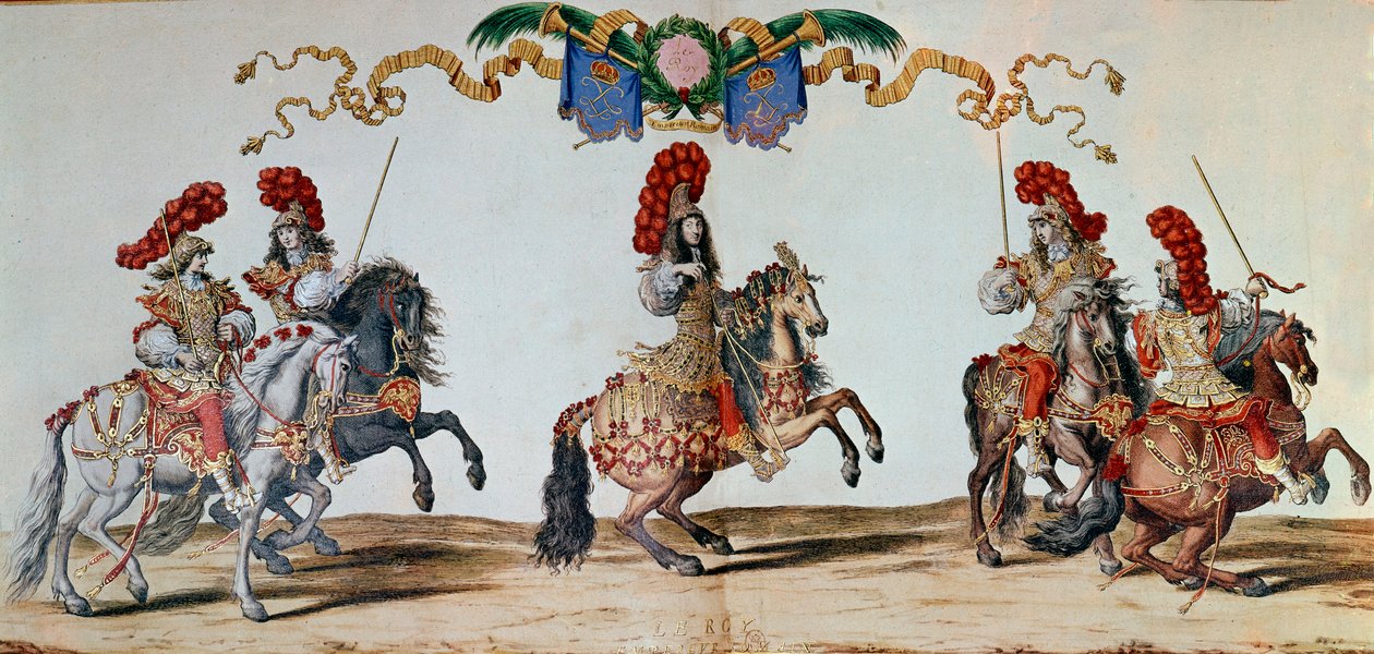 Carrousel de 1662 : Louis XIV et les chevaliers participant au Carrousel de 1662 à Paris (gravure) - Jacques I Bailly
