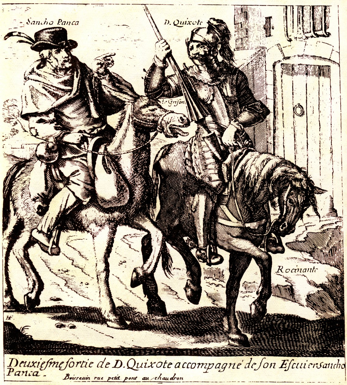 Don Quichotte sur Rossinante, accompagné de Sancho Pança sur son âne Grison, vers 1640 (illustration) - Jacques Lagniet