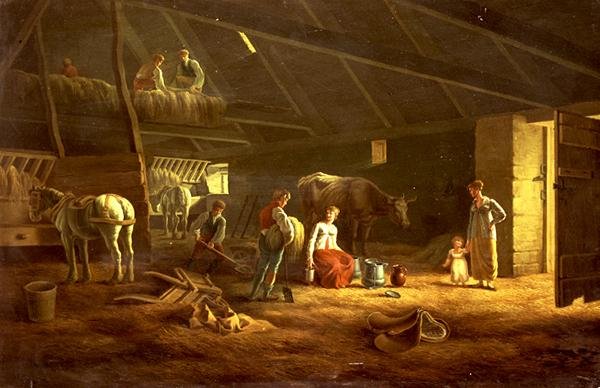 Une Laitière, des Ouvriers Agricoles et des Chevaux de Labour dans une Grange - Jacques Laurent (circle of) Agasse