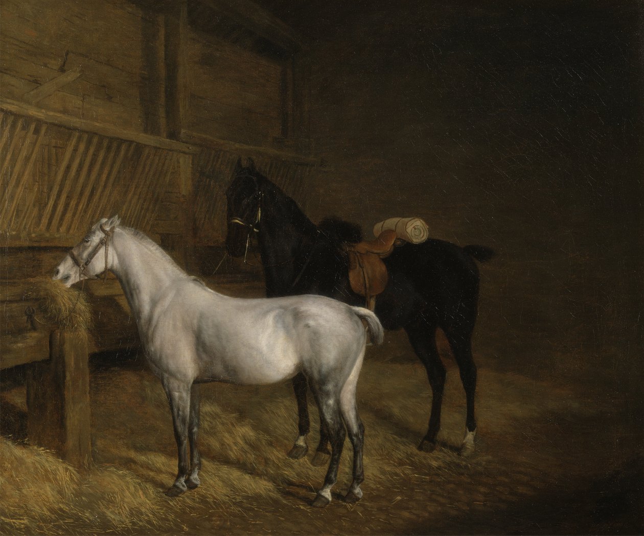 Un poney gris et un cheval noir dans une écurie - Jacques Laurent Agasse