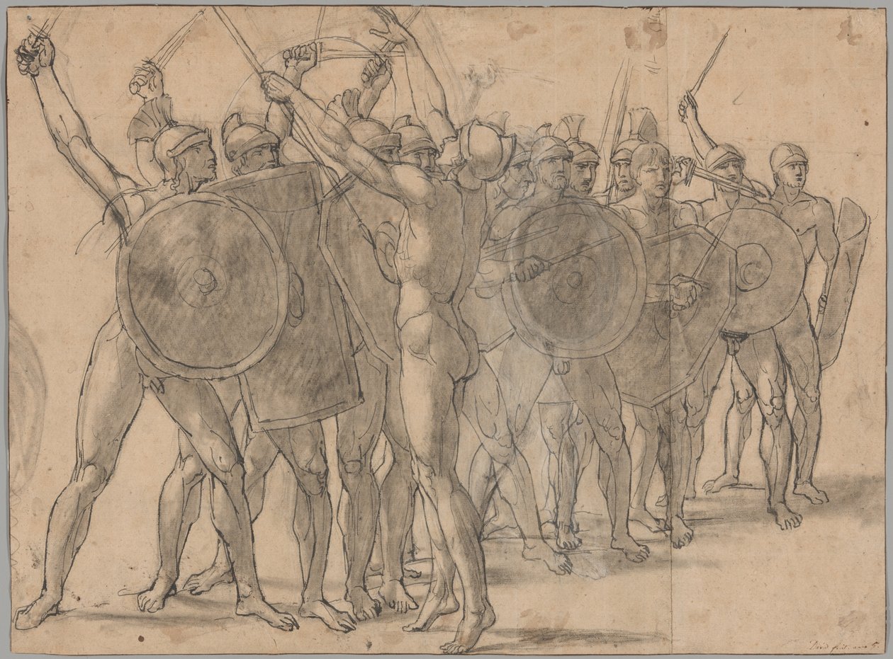 Soldats nus gesticulant avec leurs armes (recto); Deux études de draperie pour la figure de Tatius (verso) - Jacques Louis David