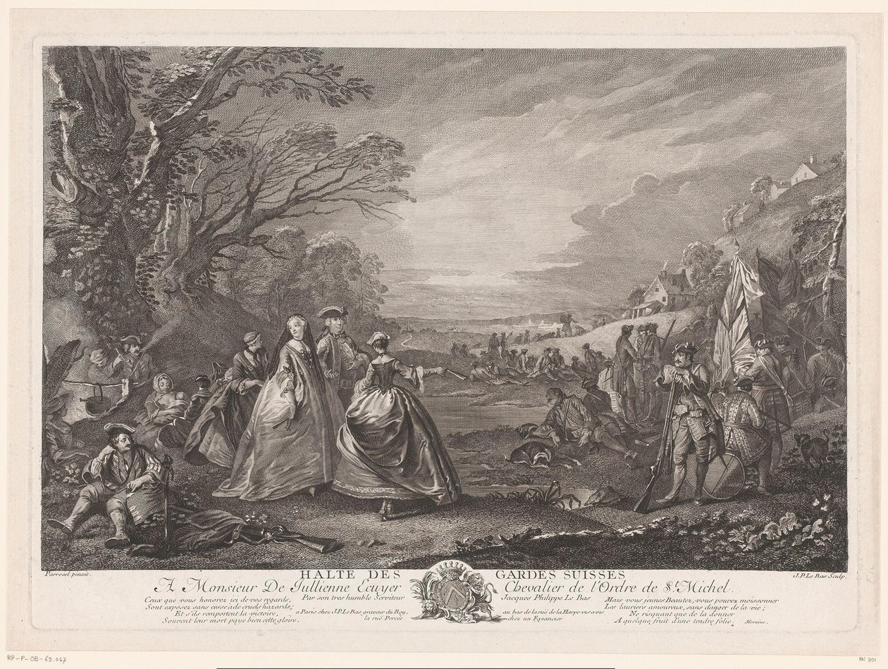 Paysage avec quatre figures visitant un camp militaire
Halte des Gardes Suisses (titre sur l