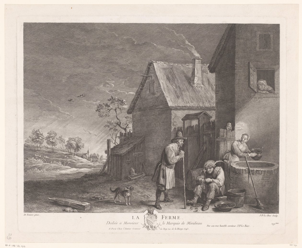 Deux hommes et une femme devant le puits à une ferme - Jacques Philippe Le Bas