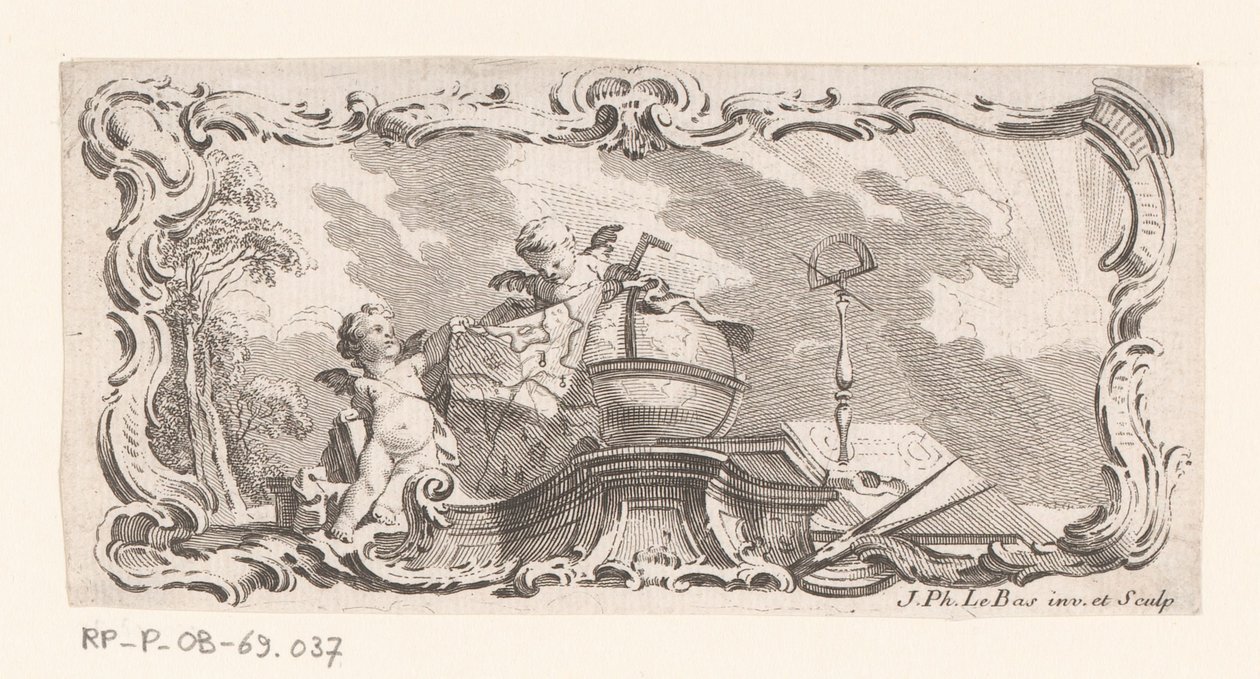 Vignette avec deux putti avec carte, globe et instruments de mesure - Jacques Philippe Le Bas
