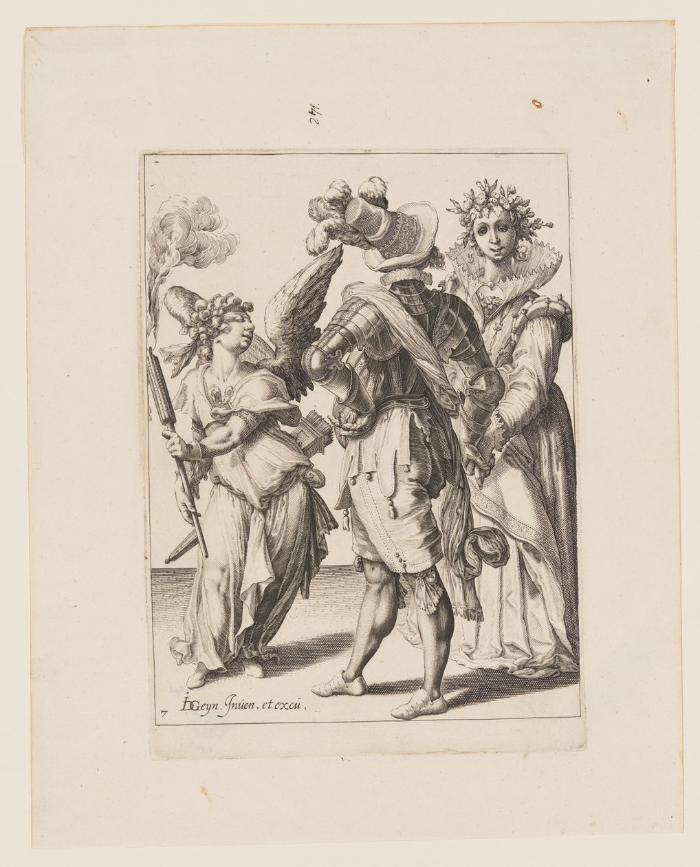Cupidon aux yeux bandés tenant une torche devant un couple, extrait de The Masquerades (Les mascarades) - Jacques de Gheyn II