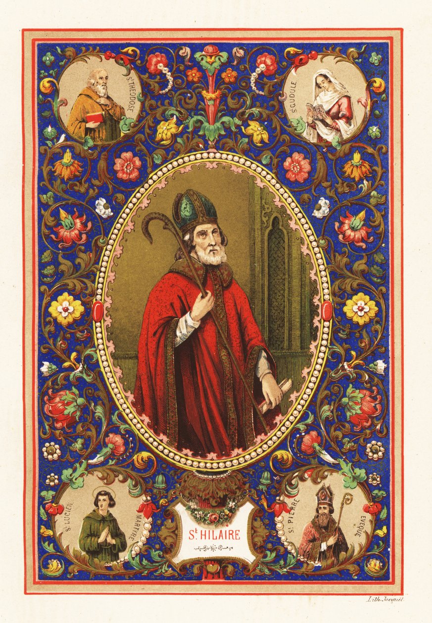 Portrait de Saint Hilaire, évêque de Poitiers, avec mitre et crosse, dans une bordure décorative de feuillage - Jacquet Jacquet