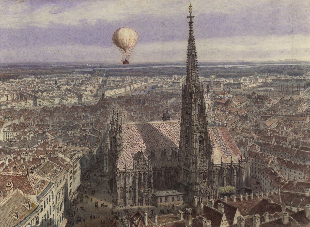 Vol en ballon au-dessus de Vienne (Vue de Vienne depuis le sud-ouest avec un ballon au-dessus de la ville) - Jakob Alt