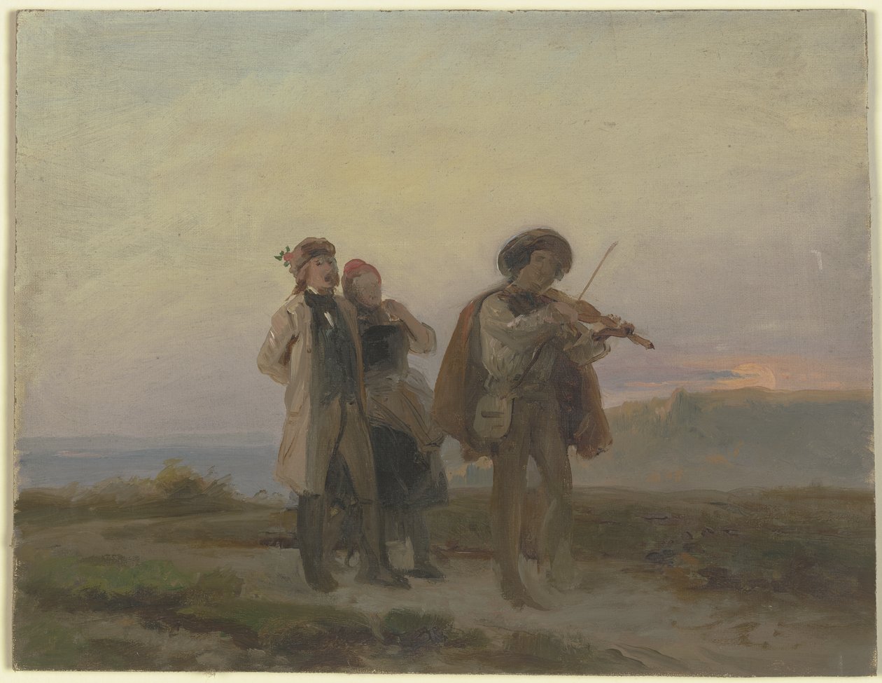 Promenade du soir, un violoniste et un couple de paysans dans les champs - Jakob Becker