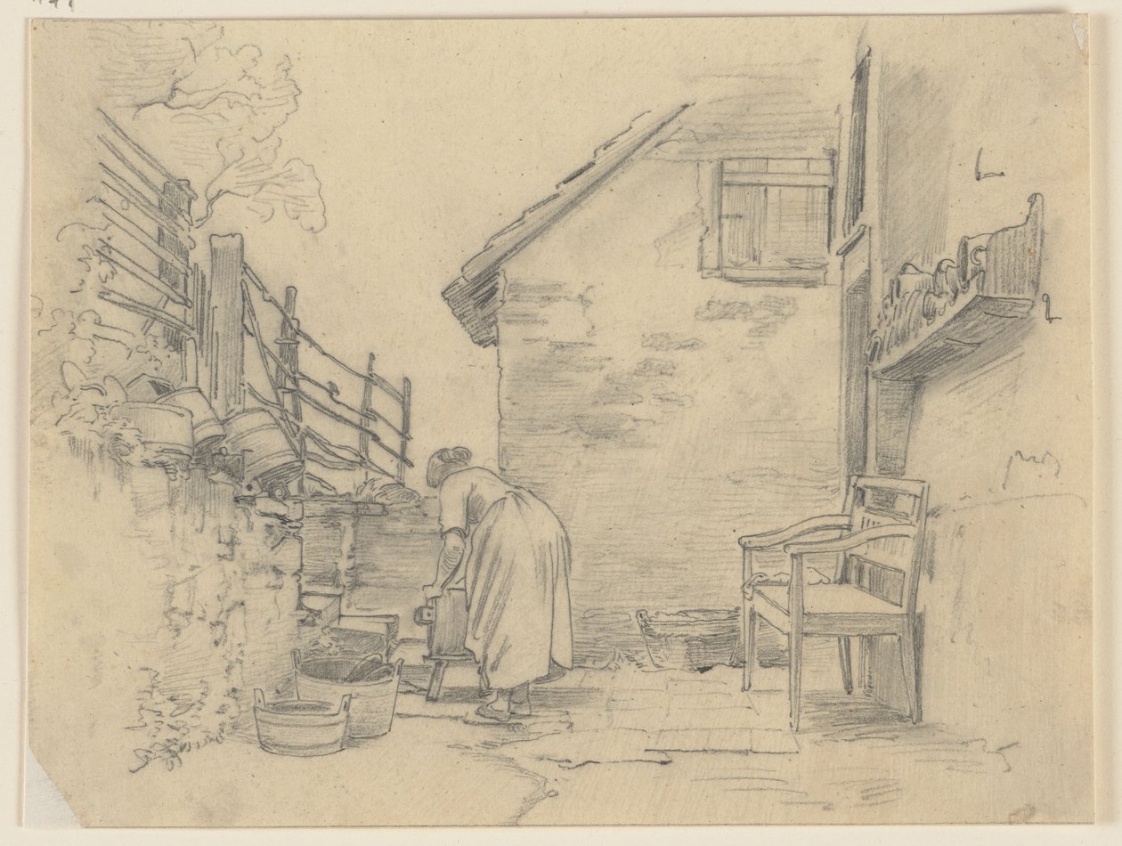 Une femme au travail devant une petite maison - Jakob Becker