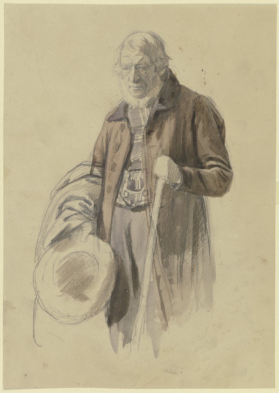 Homme barbu, le chapeau en main et le manteau sur le bras, tenant un bâton dans la main gauche - Jakob Becker