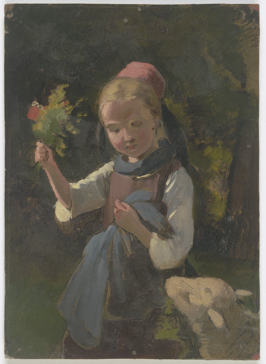 Jeune paysanne avec un bouquet de fleurs, un mouton venant de droite - Jakob Becker