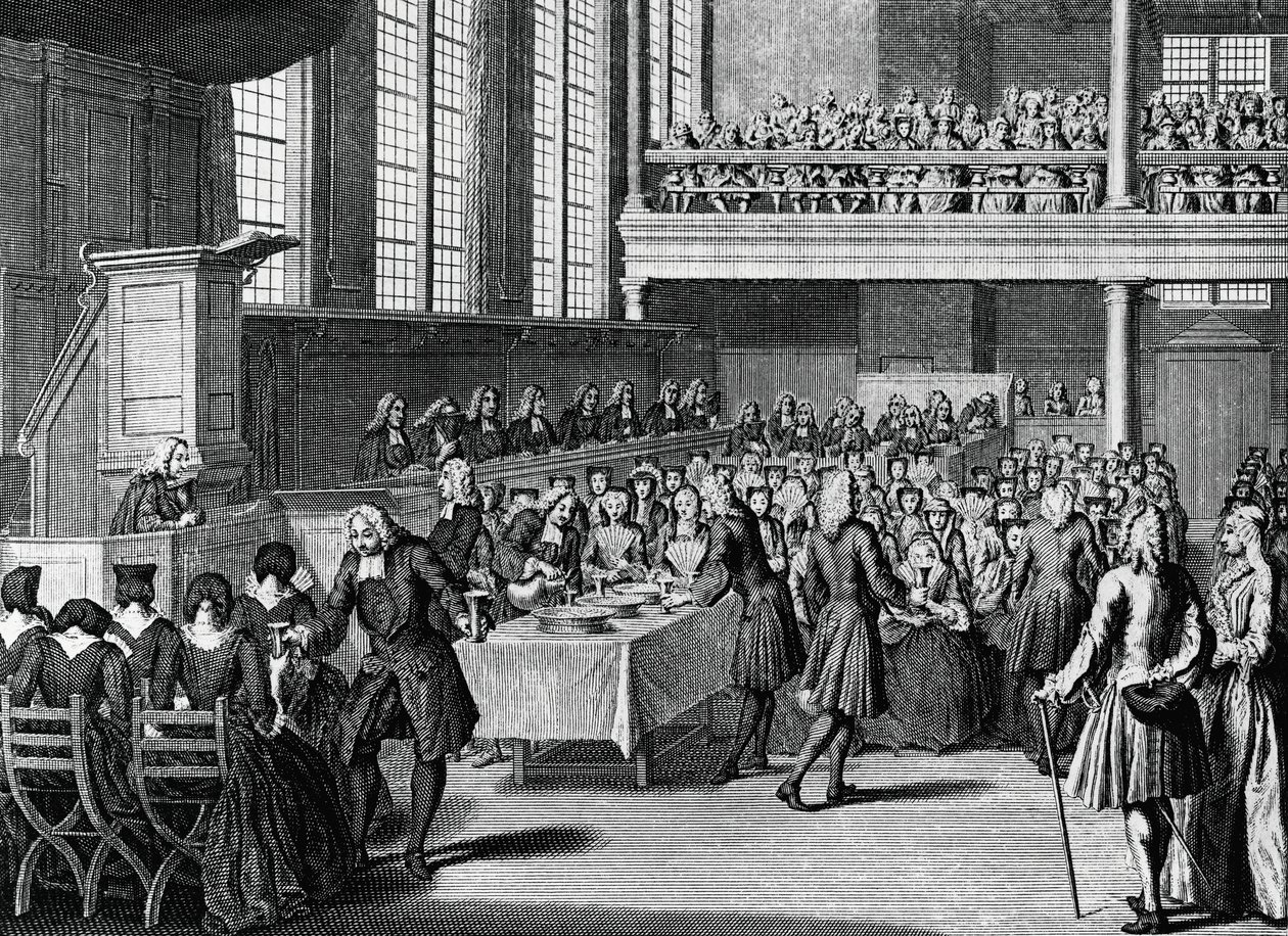 Dîner des anabaptistes, gravure par Jacobus van der Schley (1715-1779) de Cérémonies et coutumes religieuses de tous les peuples du monde - Jakob van der Schley