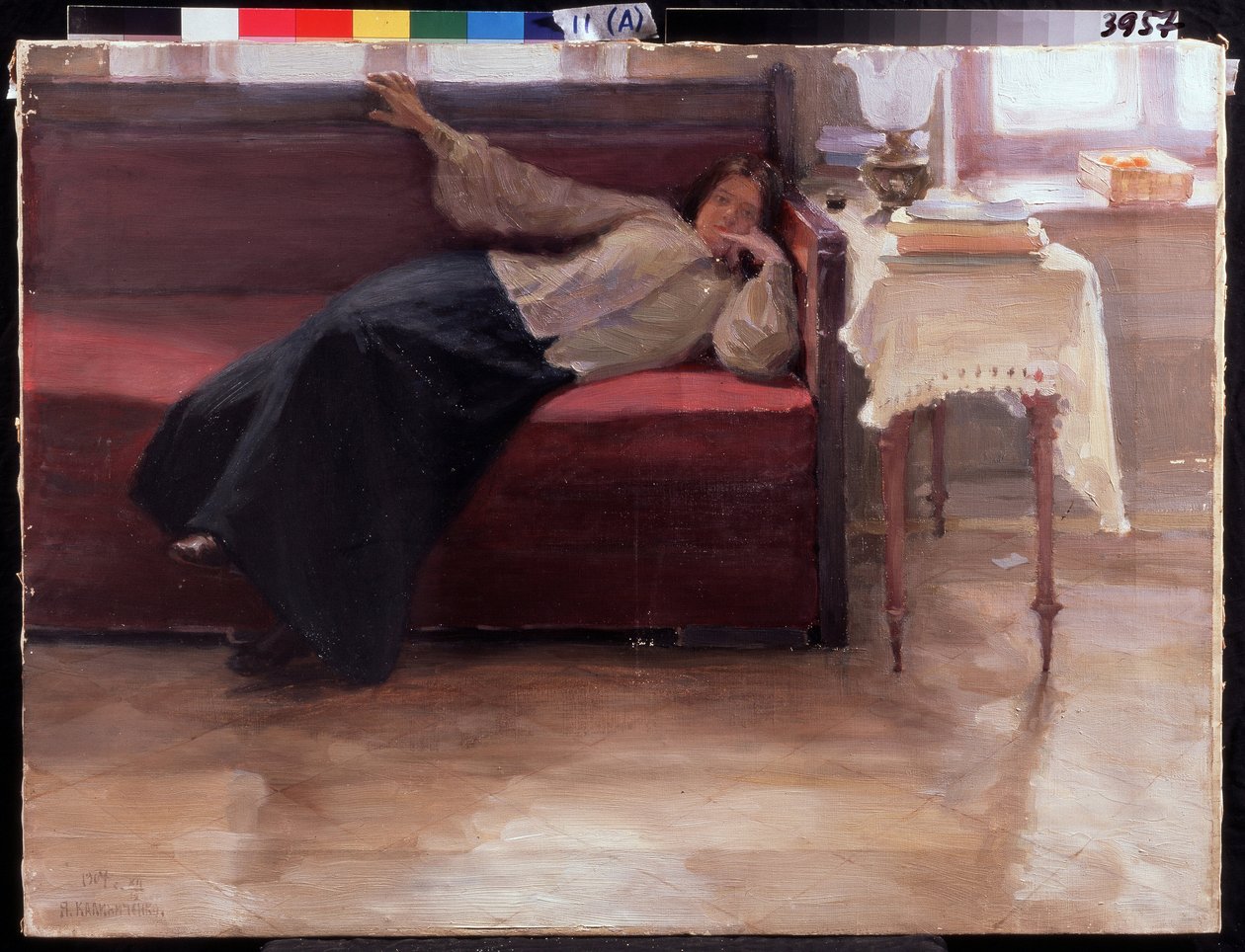 ""Songes"" jeune fille pensive allongée sur un divan. Peinture de Jakov Kalinichenko (1869-1938) 1904 State Regional I. Pozhalostin Art Museum, Ryasan - Jakoff Jakovlevitch Kalinitchenko