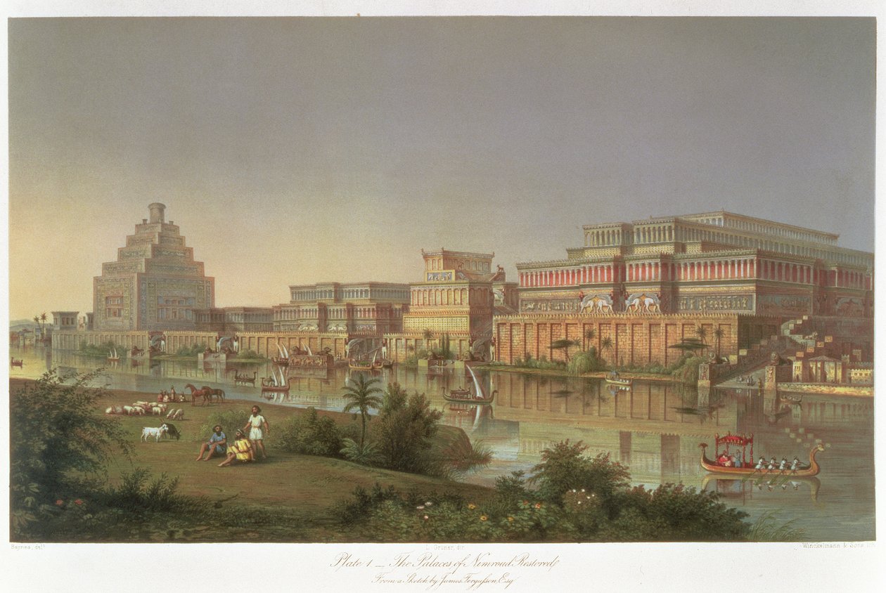 Les palais de Nimrud restaurés, une reconstruction des palais construits par Assurbanipal sur les rives du Tigre, tirée de Discoveries in the Ruins of Nineveh and Babylon par Austen Henry Layard (1817-94) - James Fergusson