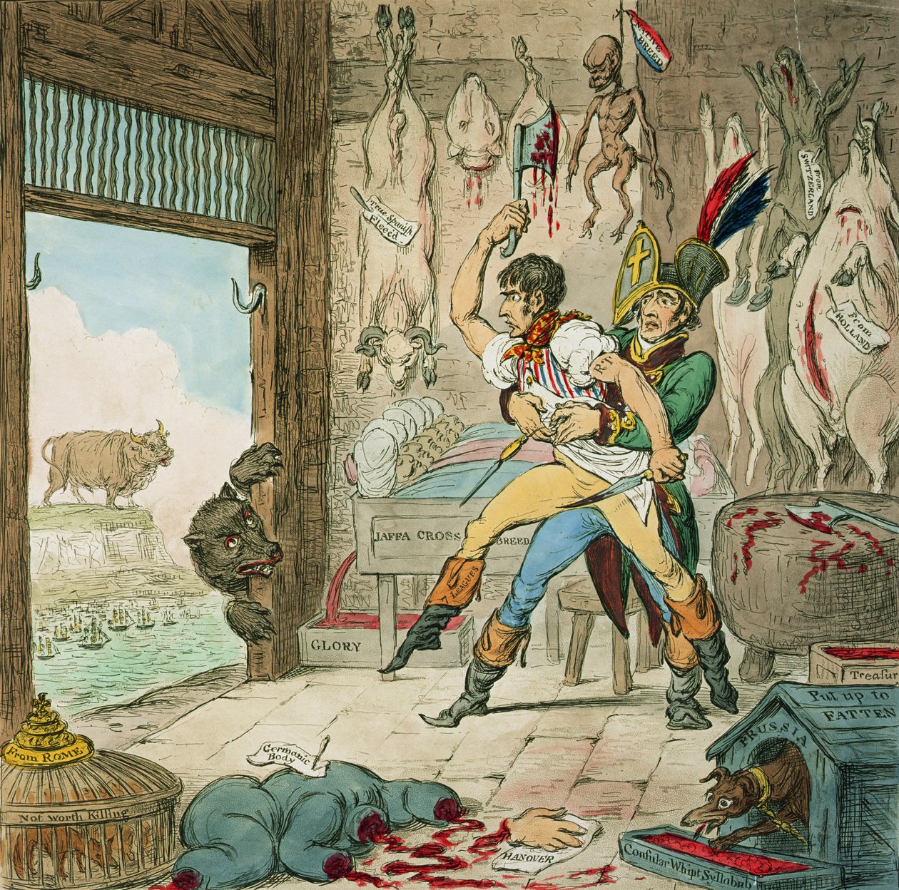 Boney et Talley, La carcasse corse - Jour de compte du boucher, publié par Hannah Humphrey, 1803 - James Gillray