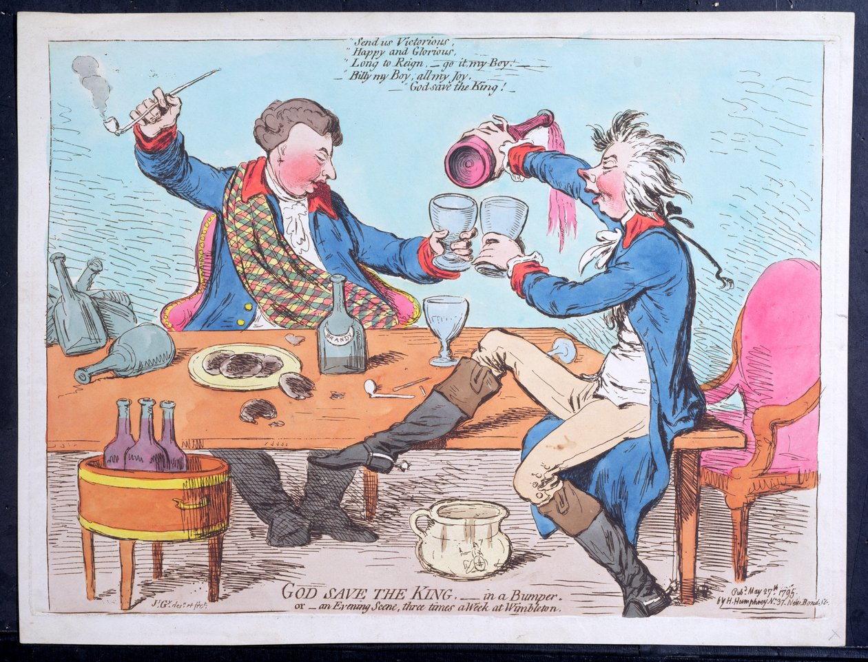 Dieu sauve le roi - dans un toast, ou Une scène du soir trois fois par semaine à Wimbleton, publié par Hannah Humphrey en 1795 - James Gillray