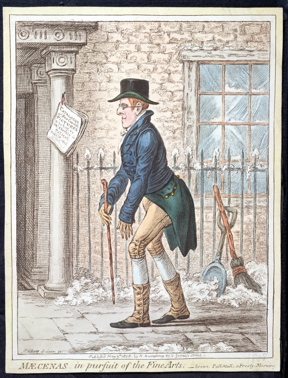 Mécène à la poursuite des beaux-arts, ou scène, Pall Mall; Un matin givré, publié par Hannah Humphrey en 1808 - James Gillray