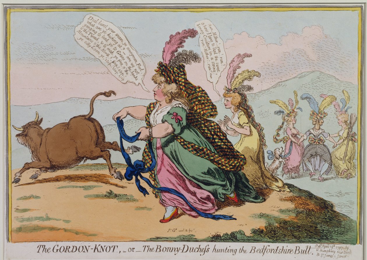 Le nœud gordien, ou La belle duchesse chassant le taureau de Bedford, publié par Hannah Humphrey en 1797 - James Gillray