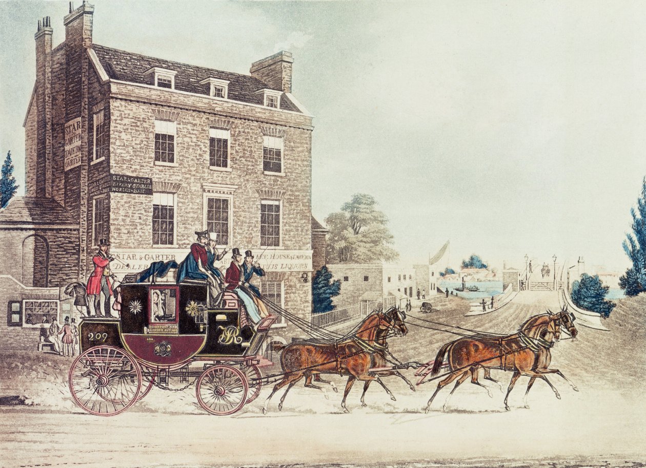 Le Quicksilver Royal Mail passant devant le Star and Garter à Kew Bridge, 1835 - James Pollard