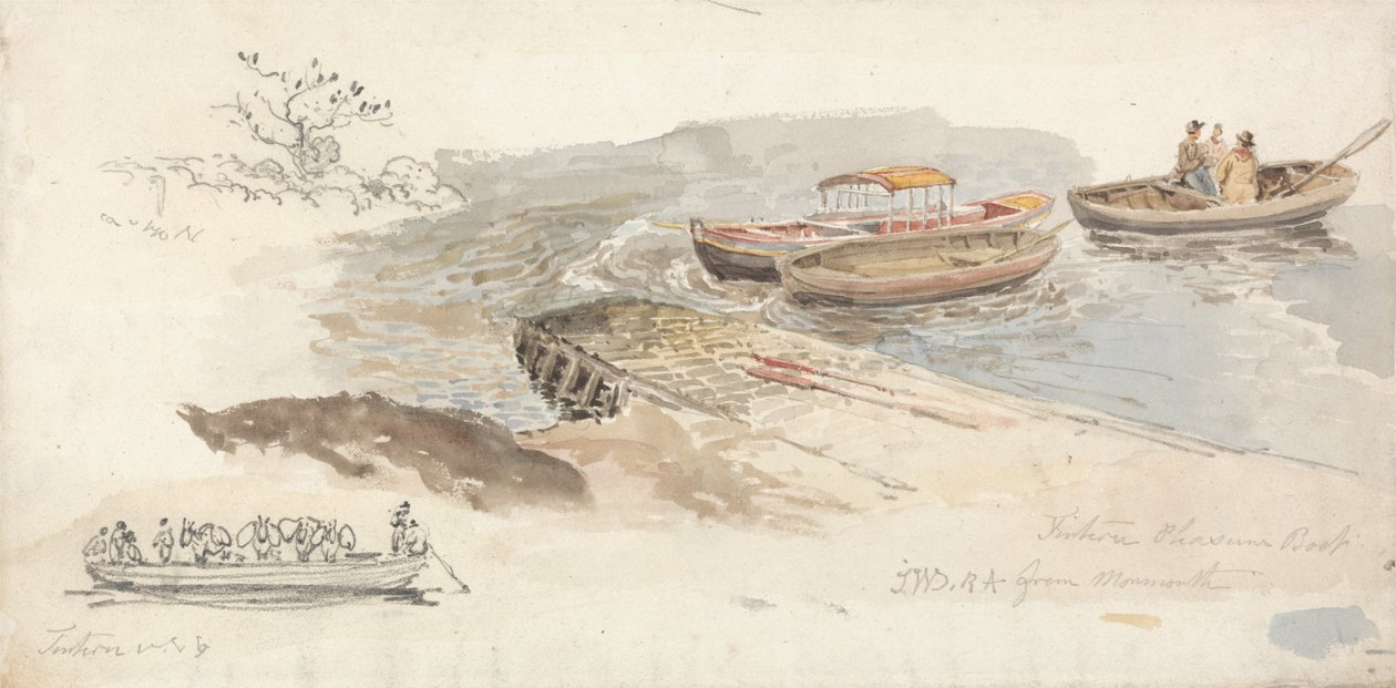 Un bateau à baldaquin et deux bateaux à rames à un quai; Inset gauche, une étude au crayon du bétail de Tintern - James Ward