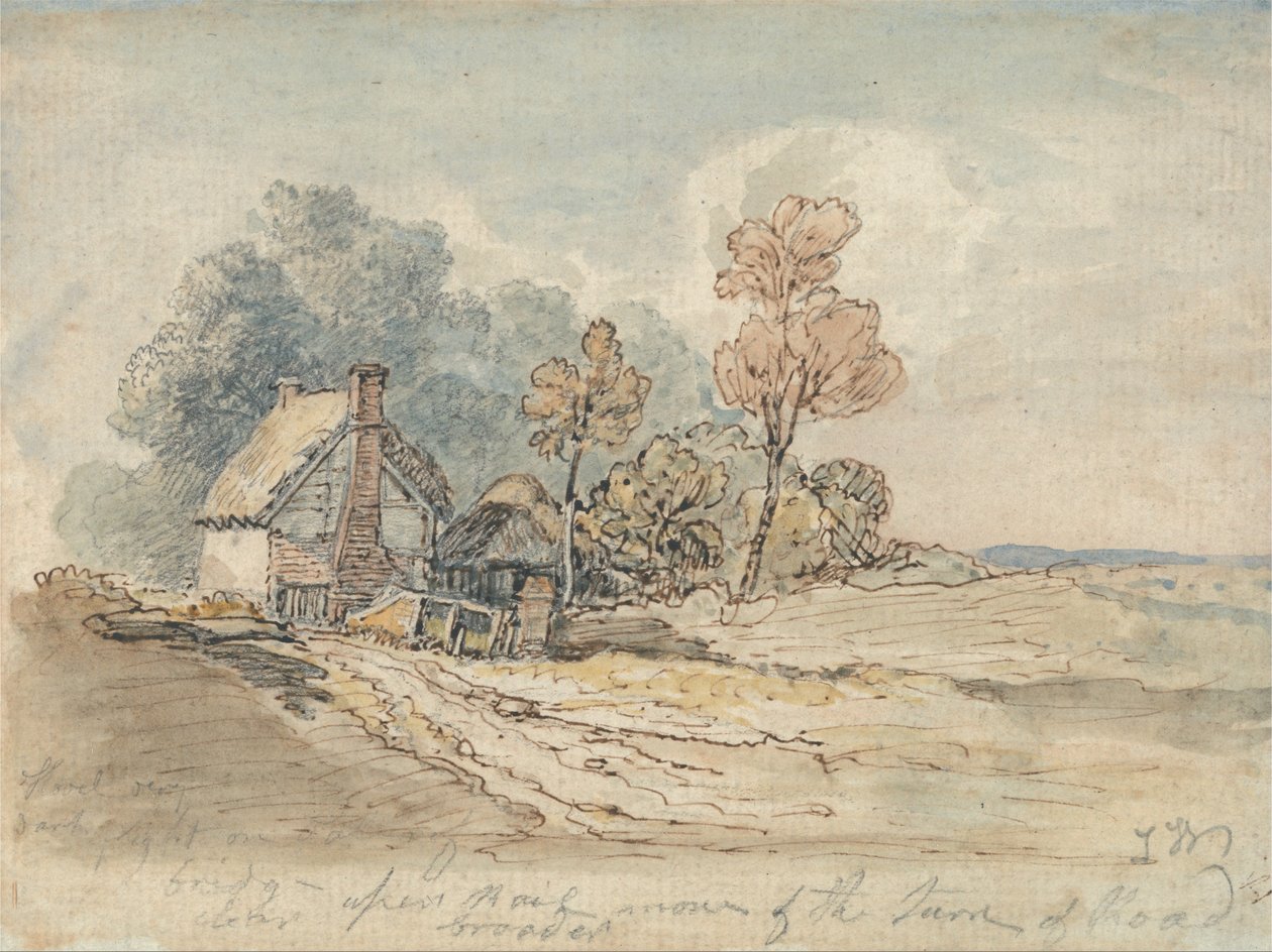 Cottage au toit de chaume et arbres au tournant d