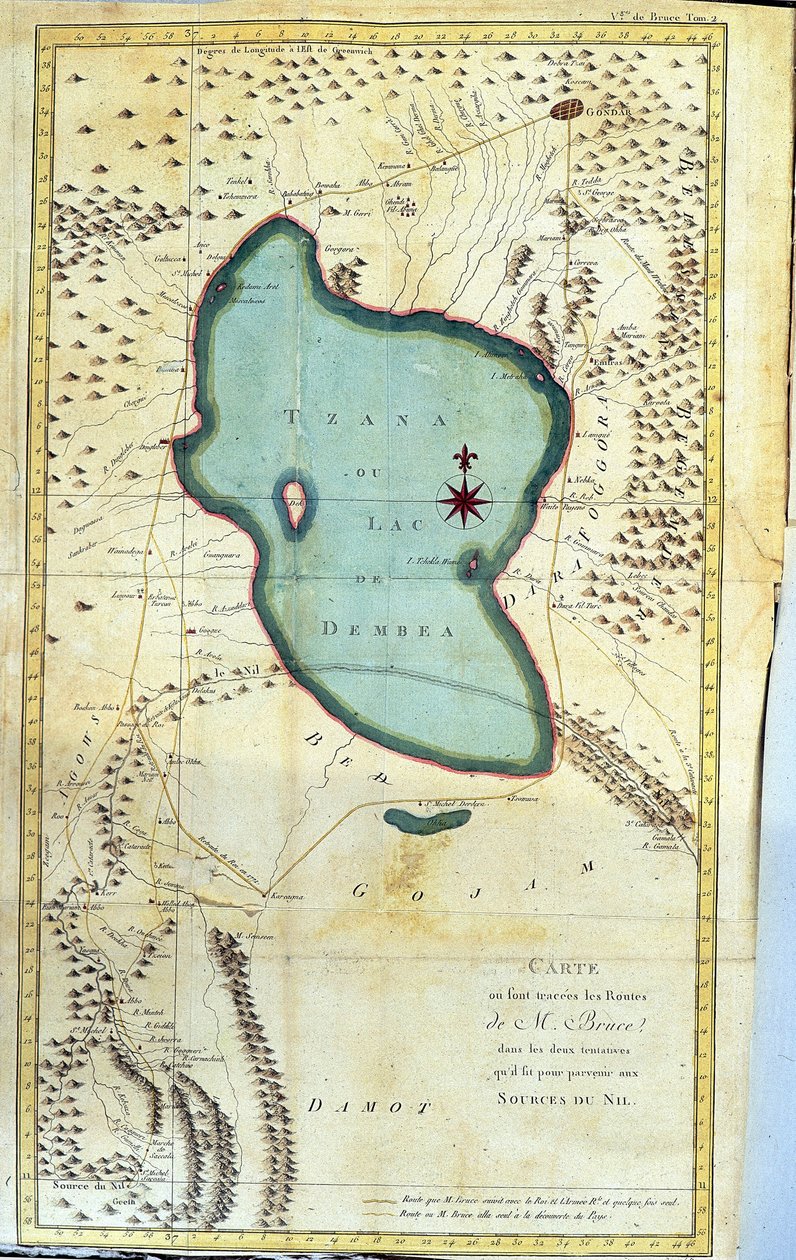 Carte de la région du lac Tzana ou lac Dembea (itinéraires de M. Bruce dans ses deux tentatives pour atteindre les sources du Nil) - dans « Voyage en Nubie et Abyssinie entrepris pour découvrir les sources du Nil pendant les années 1768 à 1772 », par James - James Bruce