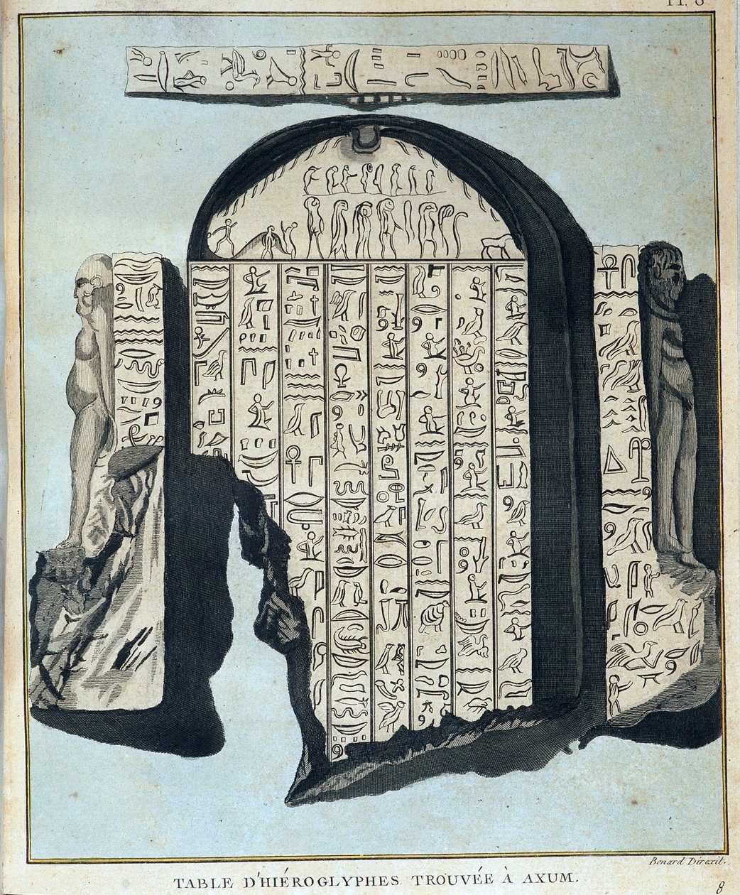 Tableau des hiéroglyphes trouvés à Axoum (Aksoum) - dans "Voyage en Nubie et Abyssinie entrepris pour découvrir les sources du Nil pendant les années 1768 à 1772", par James Bruce, vol 1, Paris - James Bruce