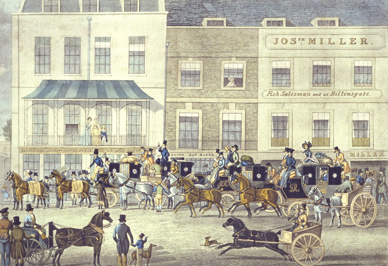 West Country Mail à la Gloucester Coffee House, Piccadilly, gravé par C. Rosenberg - James (after) Pollard