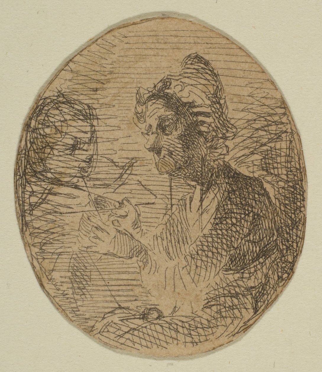 Vieille femme et enfant en ovale des croquis sur la plaque de l