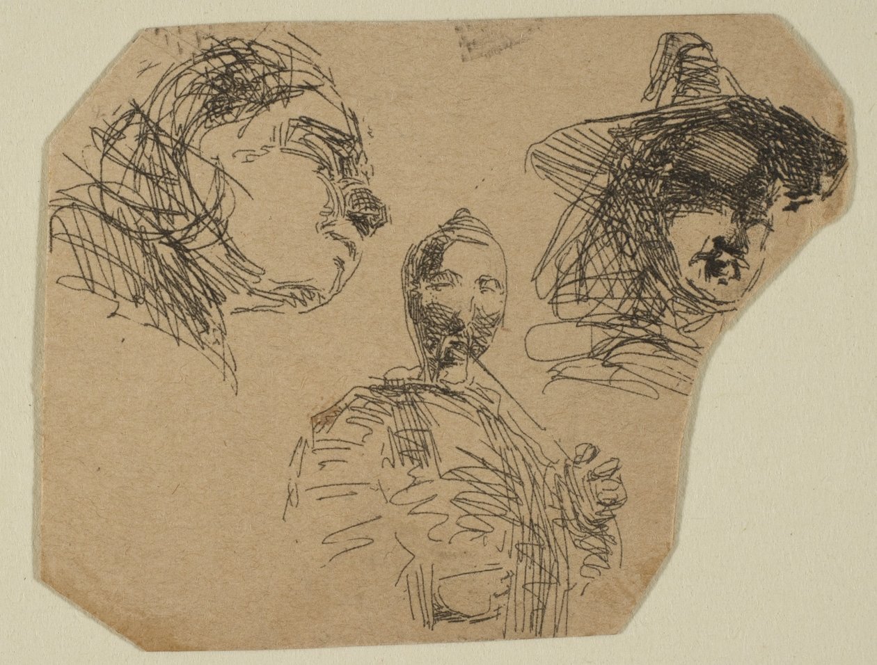 Deux têtes féminines et figure debout des croquis sur la plaque de l