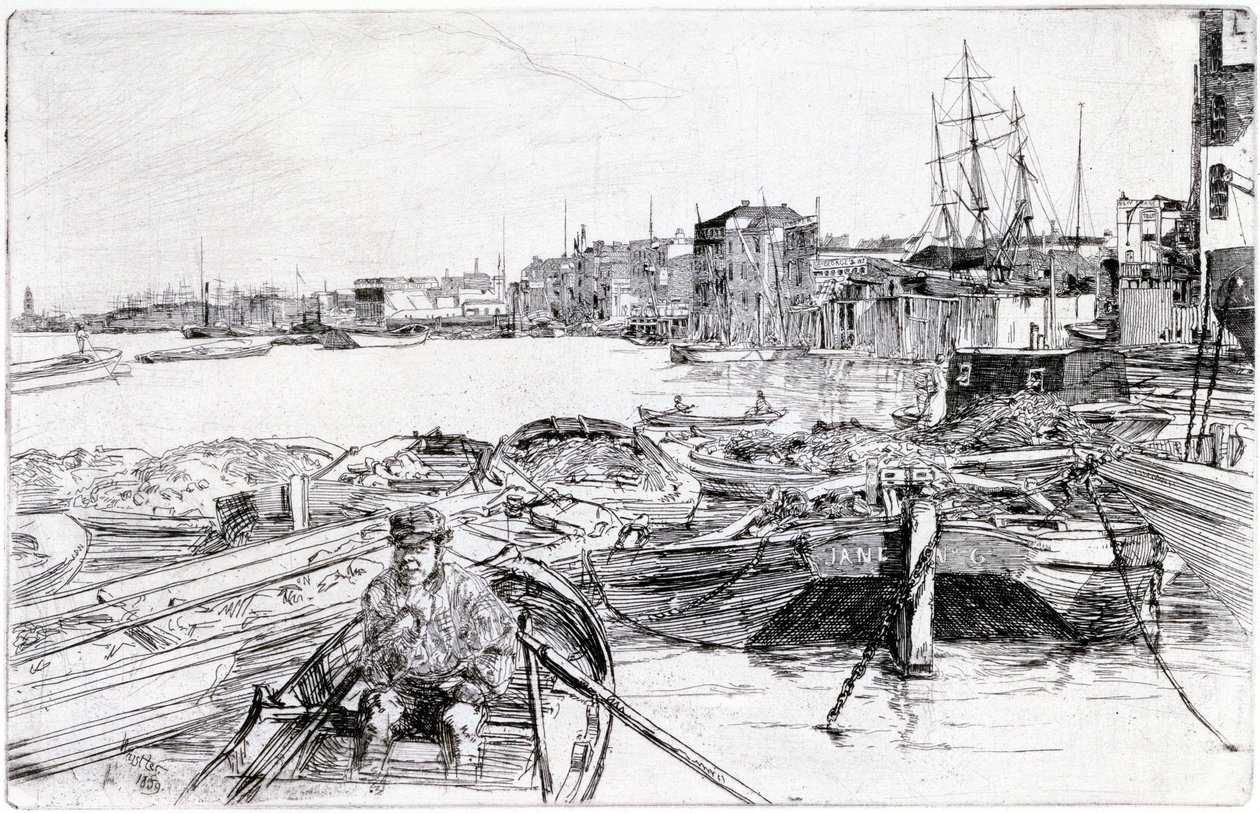 Vue de la Tamise, sur le bassin de Londres (Angleterre), en 1859, appartient à une série de gravures sur la Tamise, qui met en lumière la communauté des travailleurs maritimes de la capitale anglaise - James Abbott McNeill Whistler