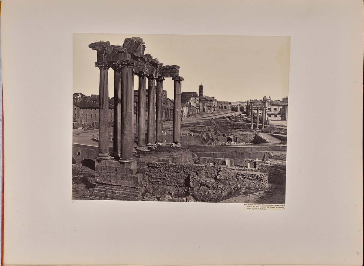 Vue générale du Forum romain prise du Capitole, avec au premier plan les huit colonnes du temple de Saturne et au fond le Colisée - James Anderson