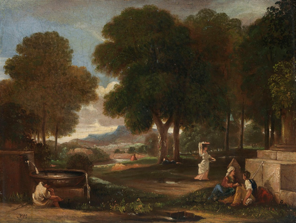 Landschaft mit einem Mann, der seine Füße an einem Brunnen wäscht - James Barry
